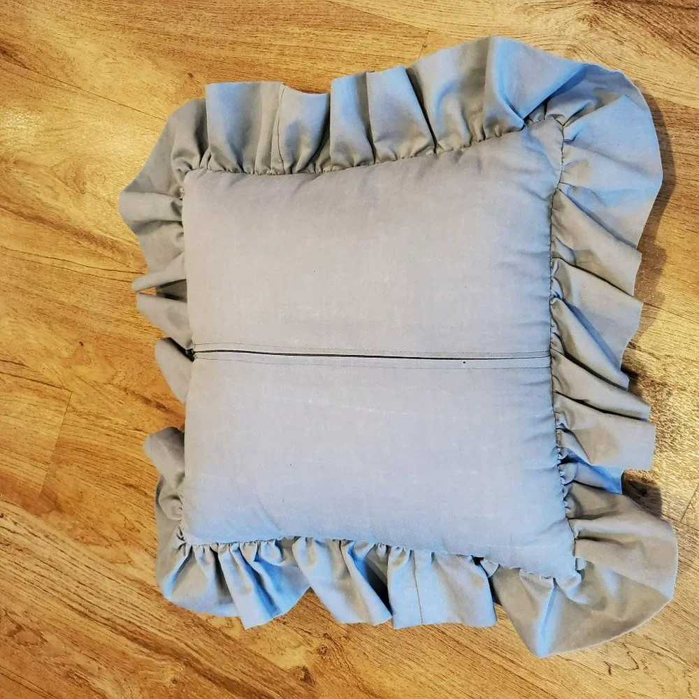 Vintage Handmade Cat Pillow, Applique Tabby Cat, Accent Pillow, Gray with Ruffle
